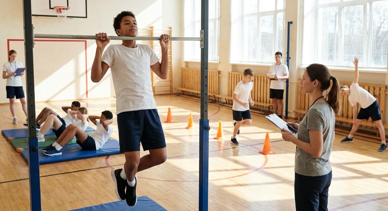 Students taking the Presidential Physical Fitness Test in a school gym — pull-ups, curl-ups on mats, and a run, with a teacher recording scores.